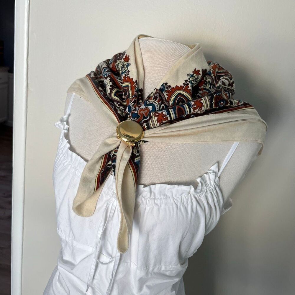 VTG Boho Paisley Border Scarf Cream Brown Blue Ultra Soft 28” - Picture 4 of 8